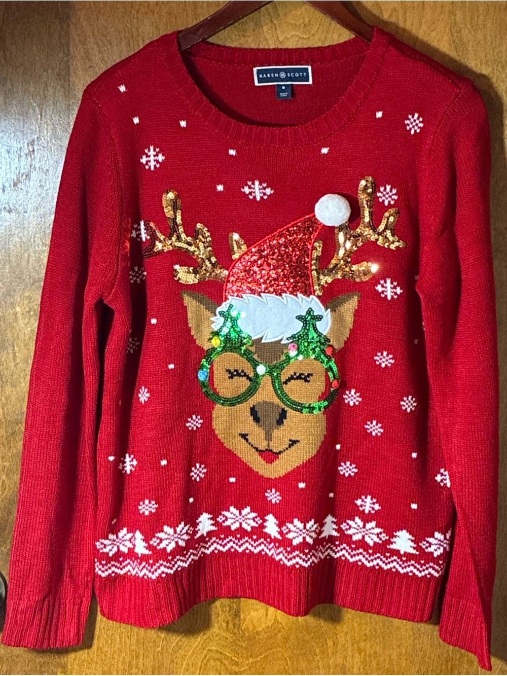 Karen Scott Sequined Holiday Reindeer Sweater Red Sz Med Ugly Christmas Sweater